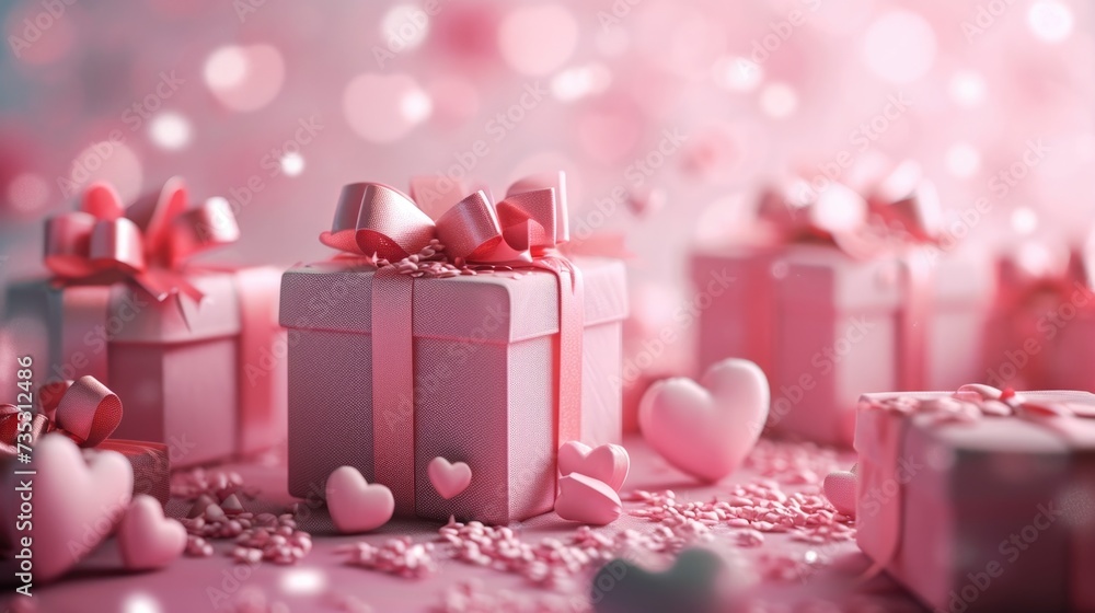 The image showcases a romantic and celebratory setting featuring several pink gift boxes adorned with elegant red ribbons, set against a soft pink backdrop with a bokeh effect that suggests a dreamy a