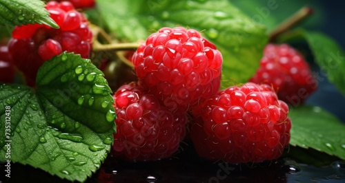 raspberries with leaves and green leaves in the background