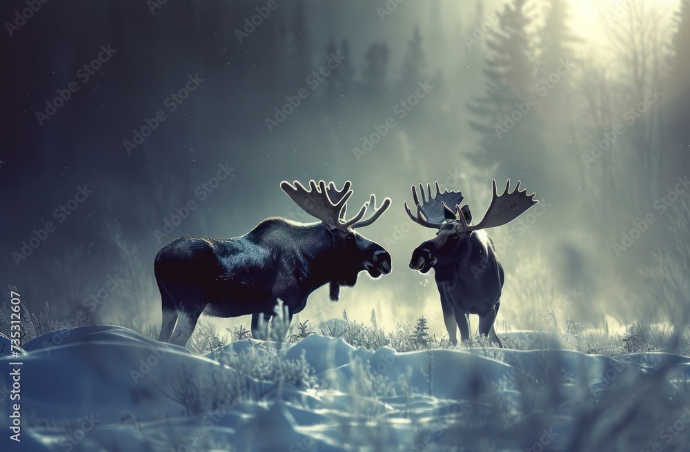 a couple of moose standing next to each other on a snow covered field in front of a forest filled with trees. a couple of moose standing next to each other on a snow covered field in front of a forest filled with trees.