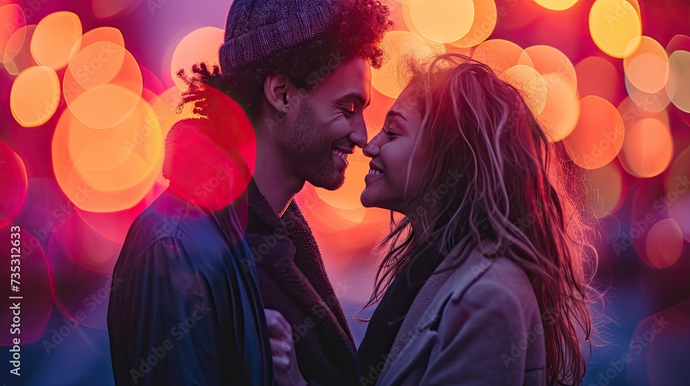 The image captures a tender scene showing a smiling couple close together, about to kiss, with their noses touching. They are both dressed warmly, suggesting a cool setting. The background features be The image captures a tender scene showing a smiling couple close together, about to kiss, with their noses touching. They are both dressed warmly, suggesting a cool setting. The background features be
