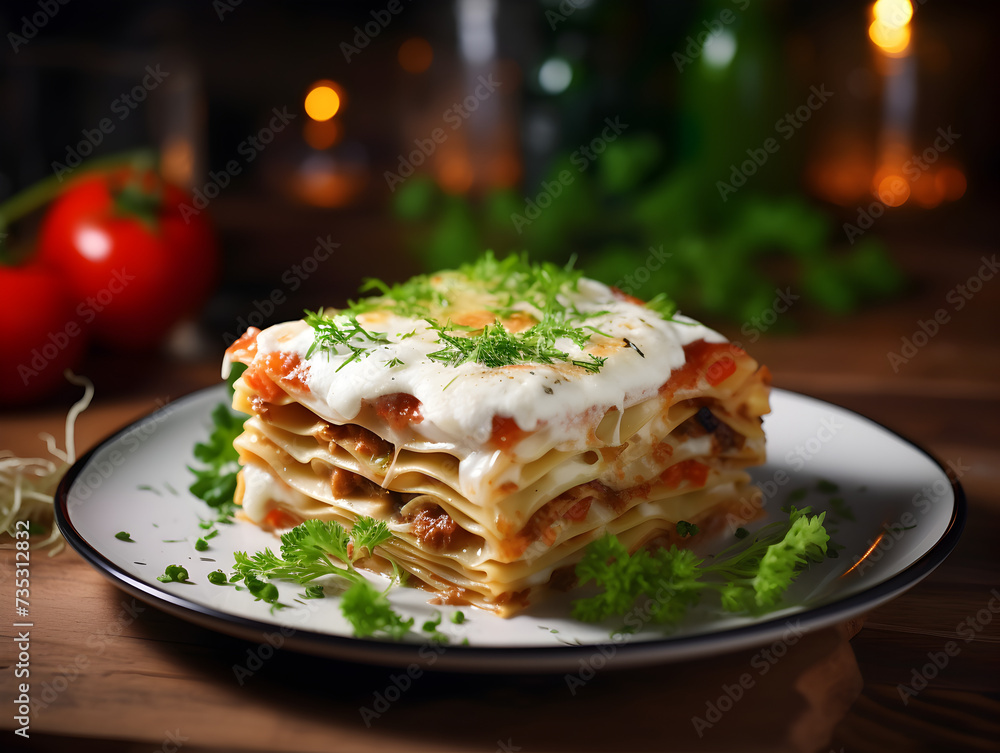 A piece of homemade vegetarian lasagne with soy meat and vegetables on white plate, blurry kitchen background A piece of homemade vegetarian lasagne with soy meat and vegetables on white plate, blurry kitchen background