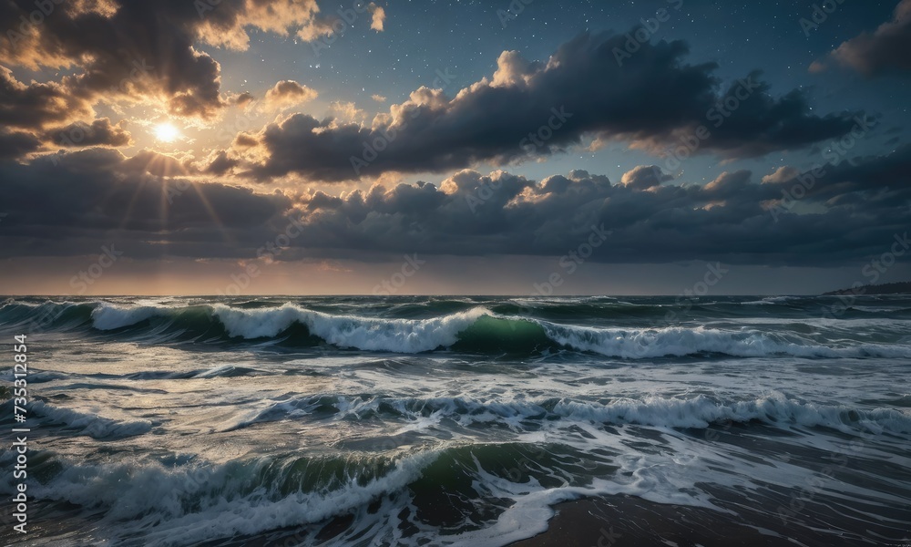 Fototapeta premium Nature's Symphony: Ominous Sky and Huge Waves in a Surreal Starry Night