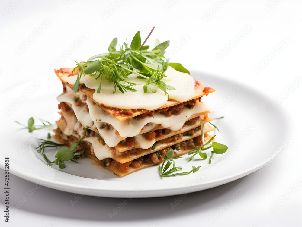 A piece of homemade vegetarian lasagne with soy meat and vegetables on white plate, white background A piece of homemade vegetarian lasagne with soy meat and vegetables on white plate, white background
