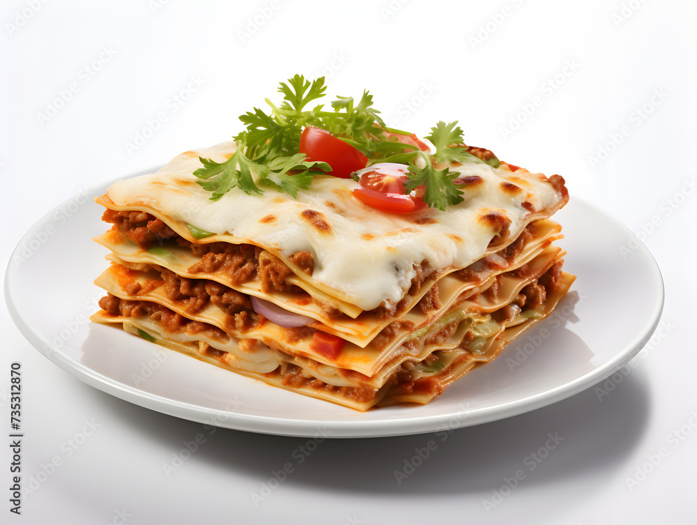 A piece of homemade vegetarian lasagne with soy meat and vegetables on white plate, white background A piece of homemade vegetarian lasagne with soy meat and vegetables on white plate, white background