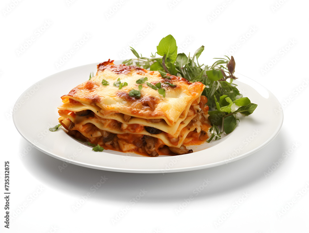A piece of homemade vegetarian lasagne with soy meat and vegetables on white plate, white background A piece of homemade vegetarian lasagne with soy meat and vegetables on white plate, white background