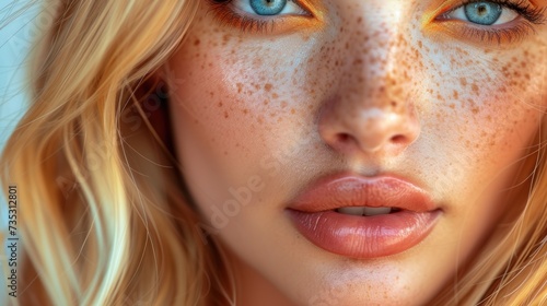 a close up of a woman's face with freckled hair and freckled make - up. photo