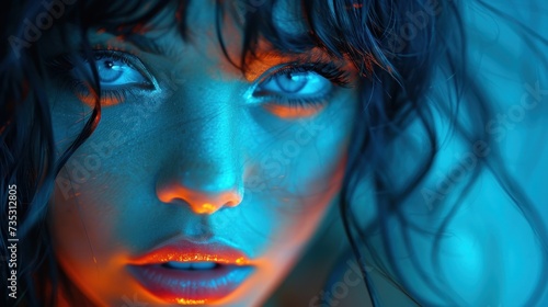 a close up of a woman's face with blue and red lights on her face and her hair blowing in the wind.