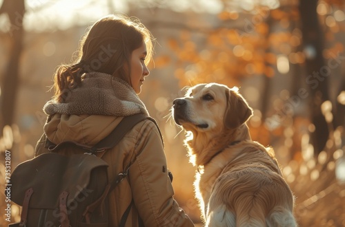 a woman is walking a dog outdoors