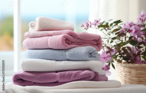 a bed with three pairs of towels on it