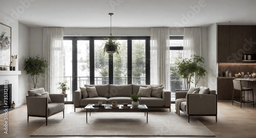 Interior of a white modern cozy living room with kitchen. Living room with sofa, coffee table and interior items © Vadzim