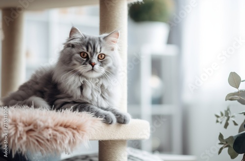 a silver gray cat sits on a cat tree