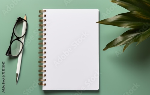 a notebook with a glasses next to it