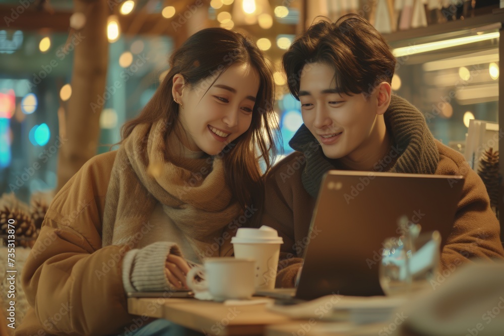 Asian couple enjoys time together with laptop and coffee, cozy winter wear, sharing a moment in glowing café ambiance. Smiling Asian pair in winter attire, engrossed in laptop screen, warm beverages Asian couple enjoys time together with laptop and coffee, cozy winter wear, sharing a moment in glowing café ambiance. Smiling Asian pair in winter attire, engrossed in laptop screen, warm beverages