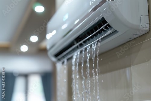 A close-up view of water cascading from an air conditioning unit, indicating a malfunction or leak, set against a blurred interior backdrop