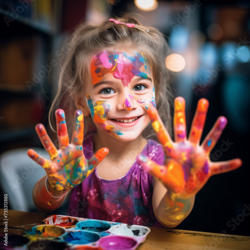 the little girl shows her hands with a palette of colors on her fingers and face