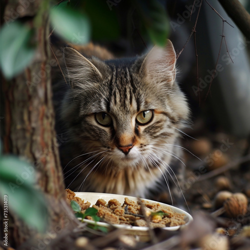 A beautiful scared homeless cat near a tree on the street eats dry food on the street. 