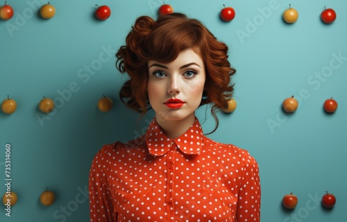 young lady dressed in red with a slice of green apple face