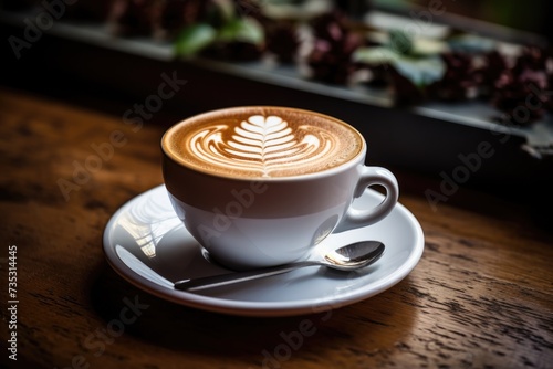 Cappuccino with Artful Froth Design in a White Cup on Wooden Table
