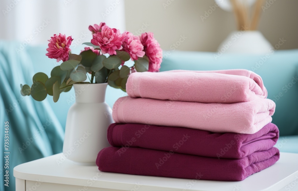 towels piled up with vase, bed, pillows, and bedsheets towels piled up with vase, bed, pillows, and bedsheets