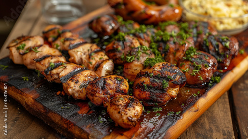 Tender chicken thighs perfectly charred and seasoned with traditional Brazilian es served alongside hot and smoky pork sausage slices. photo