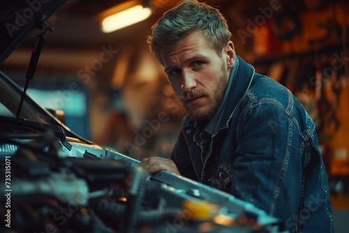 Visualize a confident and charismatic male auto mechanic at work in a car service center, showcasing his competence and poise.