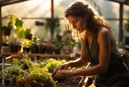 woman working in greenhouse with seedlings, joyful and optimistic