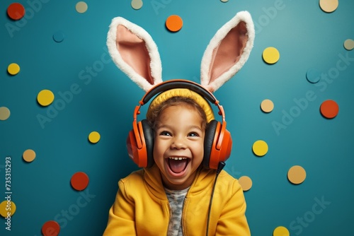 toddler on yellow background with bunny ears on faces kidstock