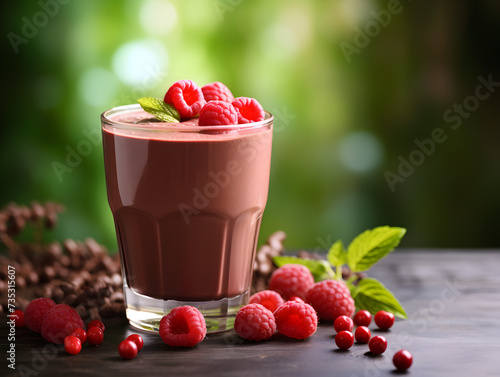 Delicious hight protein chocolate smoothie in a glass with fresh raspberries on top, blurry background 