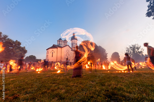 Loznica, Serbia - July 11, 2023: Performer play with fire. A street artists in Loznica, Serbia.