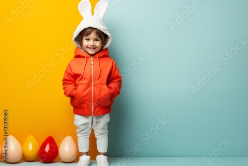 kid wearing an easter outfit wearing an easter egg