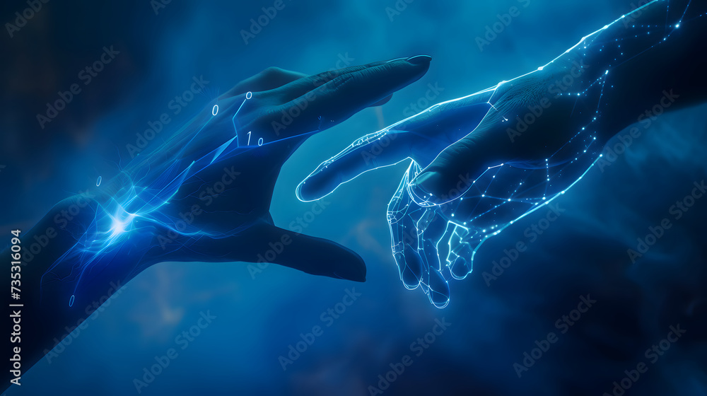 Contact between a cyber hand hand a human hand - Technologies and artificial intelligence concept Contact between a cyber hand hand a human hand - Technologies and artificial intelligence concept