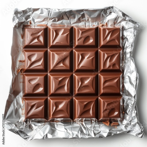 Square chocolate bar in silver wrapper isolated on white background
