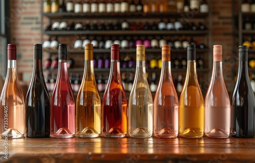 a row of wines on a wooden table photo