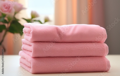 three towels are stacked on a bed