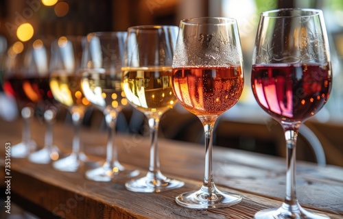 a row of wine glasses containing different kinds of wine