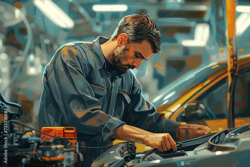 Visualize a confident and charismatic male auto mechanic at work in a car service center, showcasing his competence and poise. Visualize a confident and charismatic male auto mechanic at work in a car service center, showcasing his competence and poise.