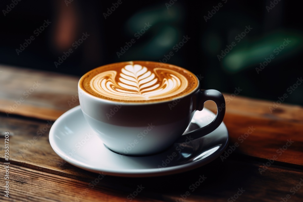 Cappuccino with Artful Froth Design in a White Cup on Wooden Table Cappuccino with Artful Froth Design in a White Cup on Wooden Table