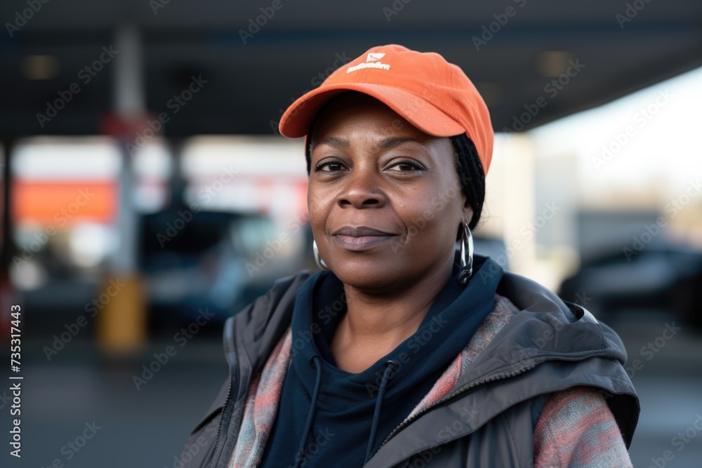 Portrait of a middle aged female worker at gas station Portrait of a middle aged female worker at gas station