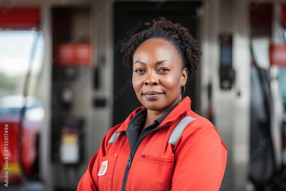 Portrait of a middle aged female worker at gas station Portrait of a middle aged female worker at gas station