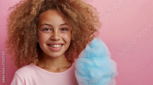 A beautiful curly-haired girl, 10 years old, stands smiling and looking at th...
