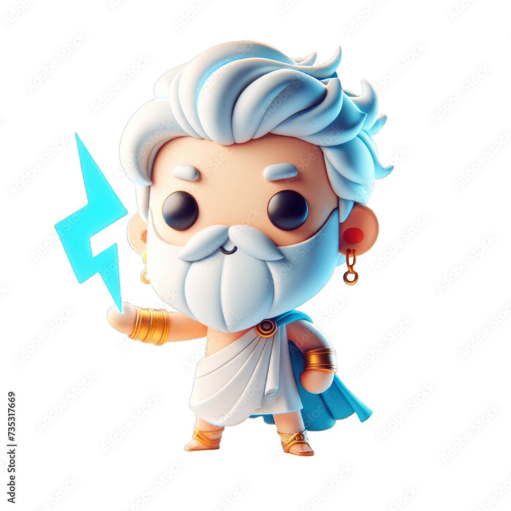 Cartoon Illustration of Mythical Greek God with Thunderbolt, a Chibi-Inspired Hero Design
