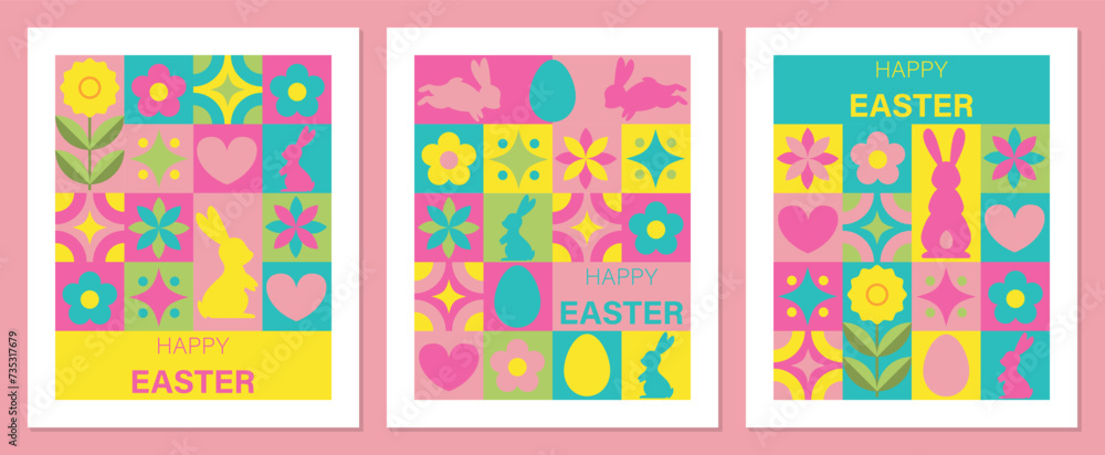 Set of Modern Happy Easter Banners. Modern trendy minimalist style. Abstract design. Brutalism and y2k style. Vector illustration
