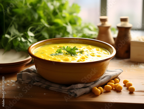 Vegetarian yellow peas soup in a bowl on wooden kitchen table, blurry background