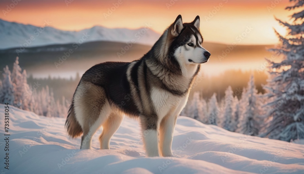 Fototapeta premium Alaskan Malamute dog, dog at dawn, purebred dog in nature, happy dog, beautiful dog