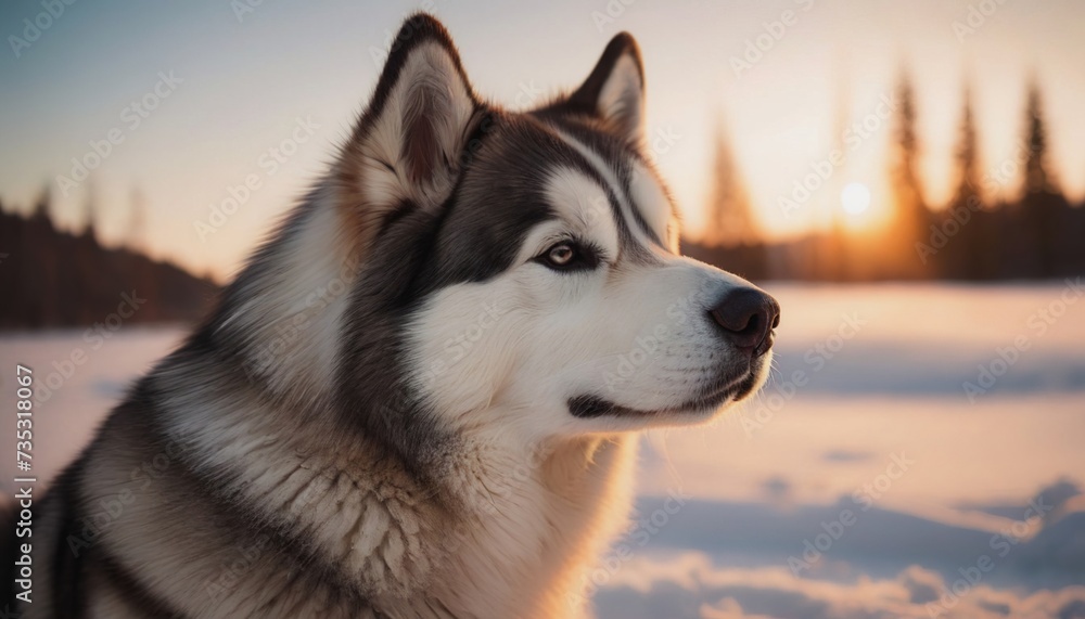 Alaskan Malamute dog, dog at dawn, purebred dog in nature, happy dog, beautiful dog