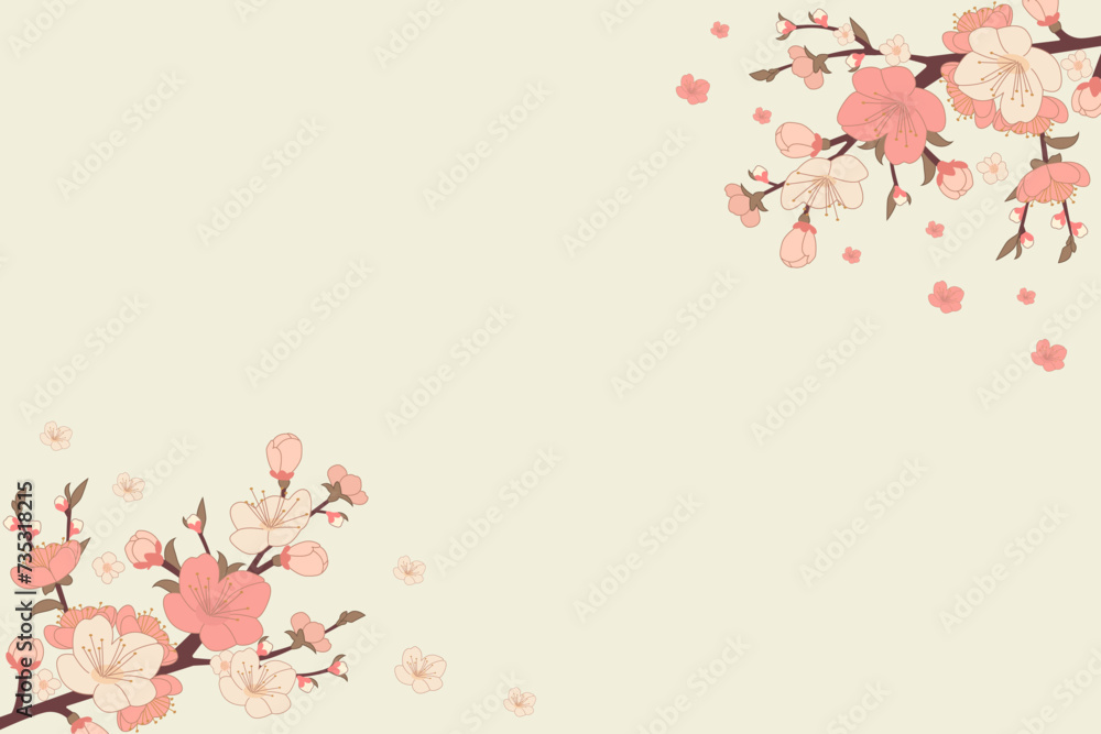 Blossom of peach branches. Japanese flowering trees, peach blossoms, spring decor Vector illustration. Banner