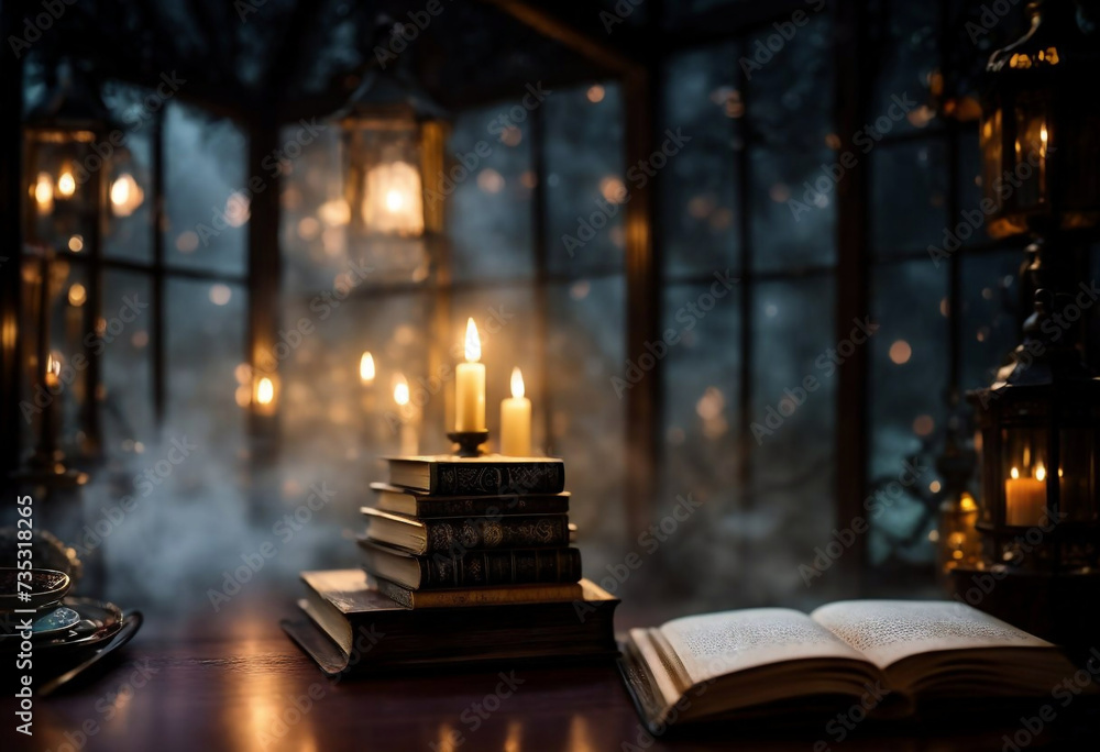 old books in a magical style against a starry sky background