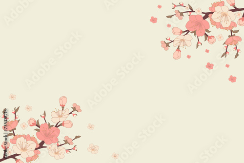 Blossom of peach branches. Japanese flowering trees, peach blossoms, spring decor Vector illustration. Banner