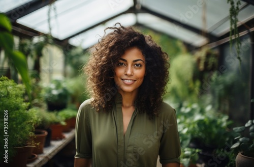 a black woman is standing in a greenhouse