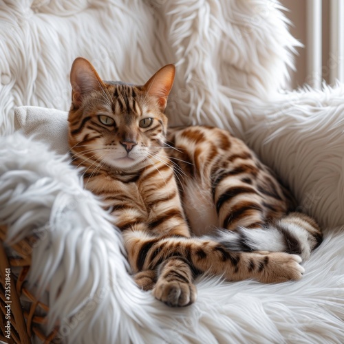 A fat spotted Bengal cat sits on a white fluffy chair and looks at the camera